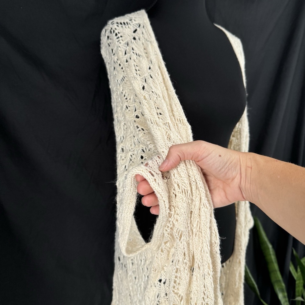 Coastal Cowgirl Boho Crochet Shawl M Oversized Fringe Cream Layering Open Knit - Picture 4 of 6